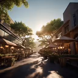 a long narrow street with chairs, tables and umbrellas