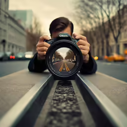 a man holding up a camera while sitting on the side of a road