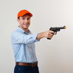 a man with an orange hat holds a black gun