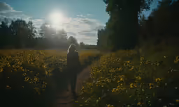woman walking away from camera, with sun in the background
