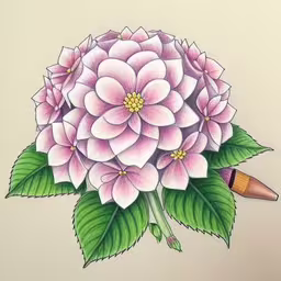 the flower is drawn with colored pencils and watercolor,the drawing shows the pink flowers and a pencil