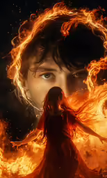 there is a woman that has been turned into fire
