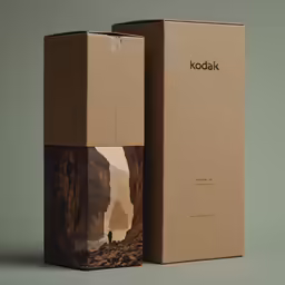 the side of the box has a man standing in an open canyon