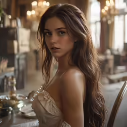a woman in dress at the table wearing jewelry