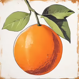 a painting of an orange and two leaves