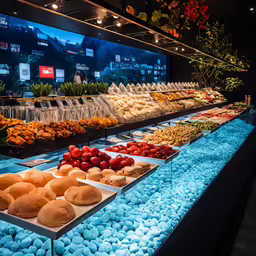 a variety of snacks sit on top of a buffet