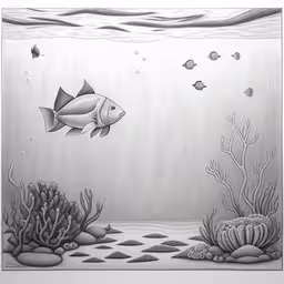 an artistic drawing of a fish in a sea with bubbles and corals