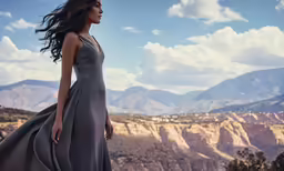 an woman standing alone in front of mountains
