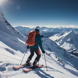 a person with skiis on, standing in snow wearing a backpack