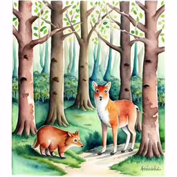 two foxes standing next to each other in a forest,the fox and the badger are walking in the forest,an illustration of two foxes in the woods,two brown bears in a forest next to trees,two animals in a wooded area next to trees