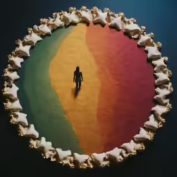 the person is walking through a colorful room