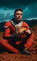 a man is sitting on the dirt, holding something