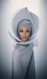 a woman wearing a gray dress and large hat