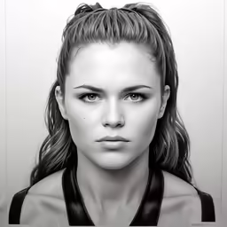a woman with ponytail hair and bangs is looking at the camera