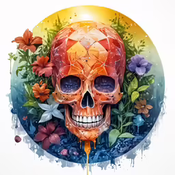 a digital painting of a skull with orange and blue flowers