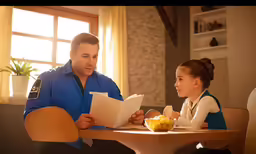 man and a little girl looking at some paper at the table