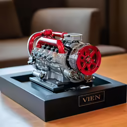 there is a model motorcycle engine on display