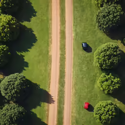 a car driving in the grass next to a dirt road