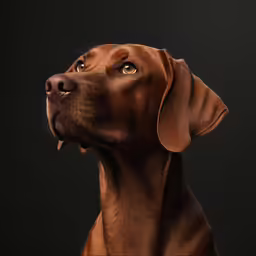 a dog looking up on a dark background
