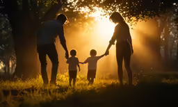 an adult and two children hold their hands as they walk through the grass