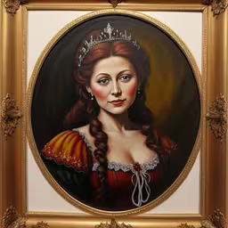 painting of woman with braid in ornate frame,an oval portrait with a painting of a woman wearing a tiara