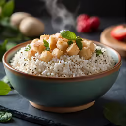 white rice with sauce and sprigs in a bowl