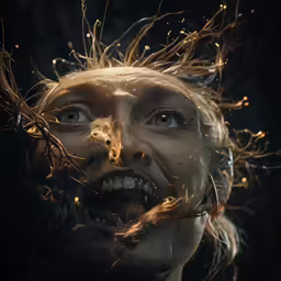 a young woman with her eyes open and her hair blown back into the wind
