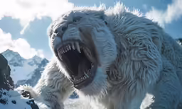a large, furry white animal with sharp teeth and teeth are on the mountain