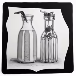 the photograph shows an old fashioned glass carafe and a small, old salt shaker