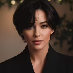 a close up of a woman wearing a suit and dark makeup