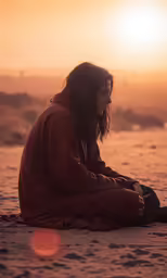 a man with long hair sitting in the sand