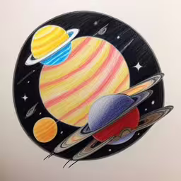 a drawing of various planets in a circle with stars,a drawing of the solar system in colored pencil,there is an image of an art print featuring some objects,a drawing of various planets in a circle,a drawing of a cartoon solar system