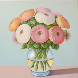 a painting of flowers in a vase with water,a painting of a vase with flowers on a table,flowers in a vase that has water inside,the large flowers are in the round glass vase,a painting of flowers is displayed in a glass