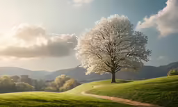 a tree on a hill with mountains and clouds in the background