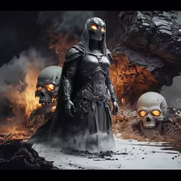 the two skulls are wearing helmets and cloaks