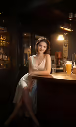 a woman sitting at the bar with a glass