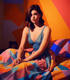 a young woman sitting in a colorful room on top of a bed,a woman with dark hair sits on an unmade bed