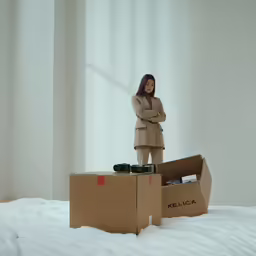 a person standing on top of boxes with their arms crossed