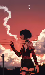 a girl in a short skirt smoking a cigarette