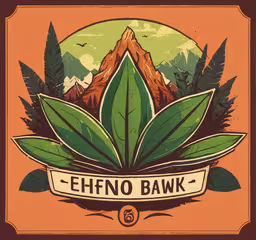 the front of an emblem with the name effinno bank on it,a green leaf on the bottom of an orange shirt
