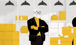 a guy with a funny face and yellow shirt stands in front of a room full of cabinets