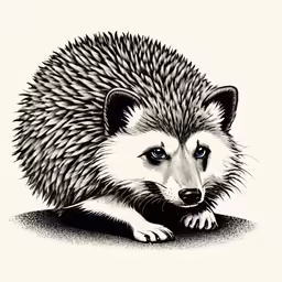 a hedgehog on a white background looks forward with an alert look