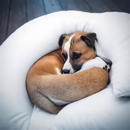 the dog is laying in the big white bean bag bed