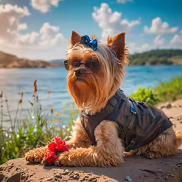 a cute little dog wearing glasses and a leather jacket