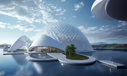 architectural rendering showing architecture that has large domed structure above water