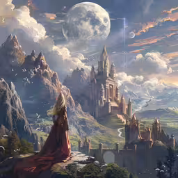 a young girl looks out at a large castle,a painting of an angel standing on a hill above a castle with an angel flying