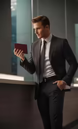 a man in a suit looking at a tablet