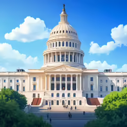 a white building with many pillars and a flagpole
