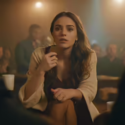 a woman is sitting down in a crowd