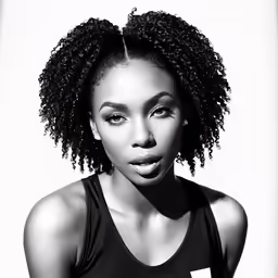 a black woman with curly hair and an afro is photographed in this black and white photograph